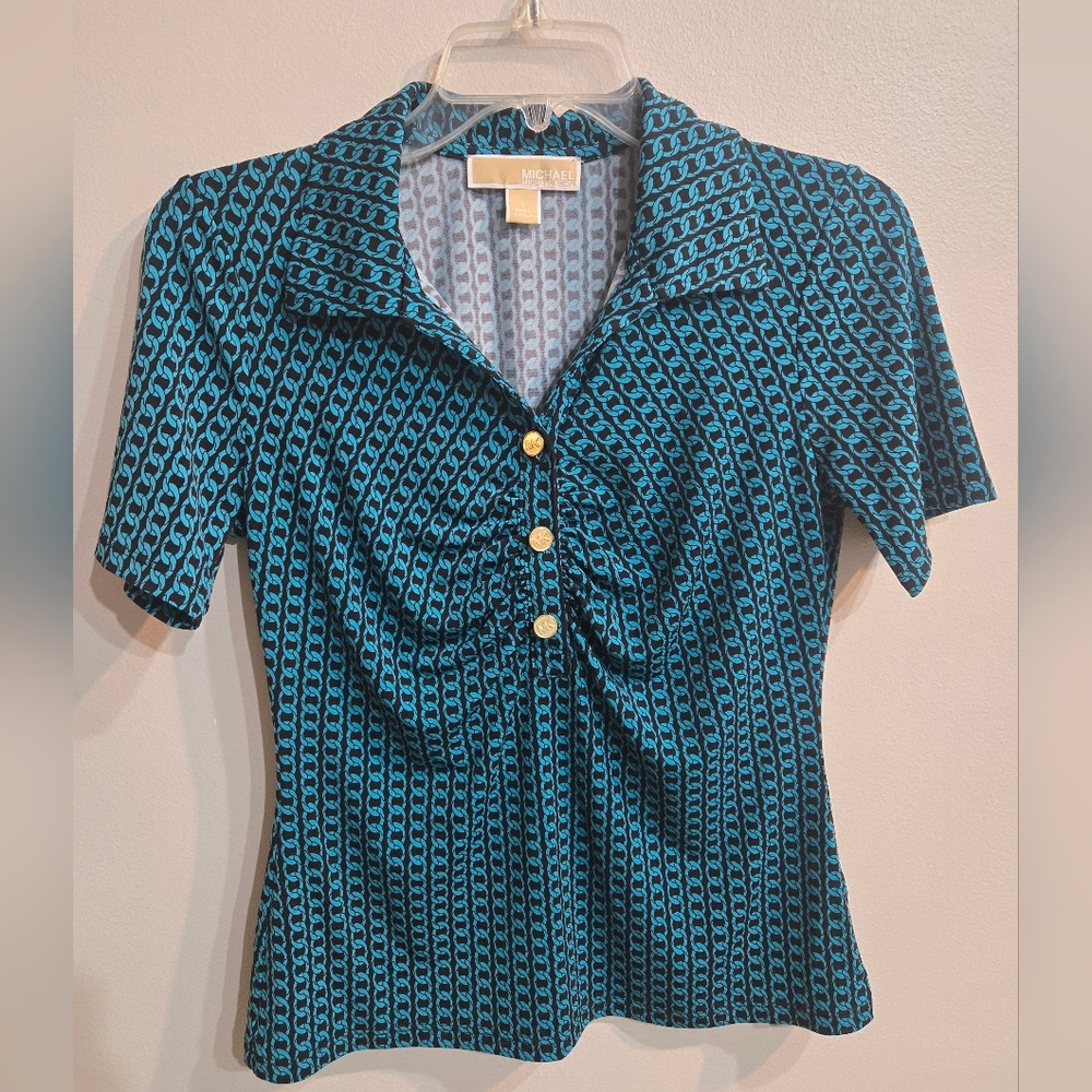 Michael Kors Teal Patterned Women's Top Chain Sz Small 95% Polyester